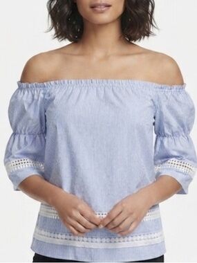 White House Black Market Striped Light Blue Off-Shoulder Lace-Trim Top w/ Boning